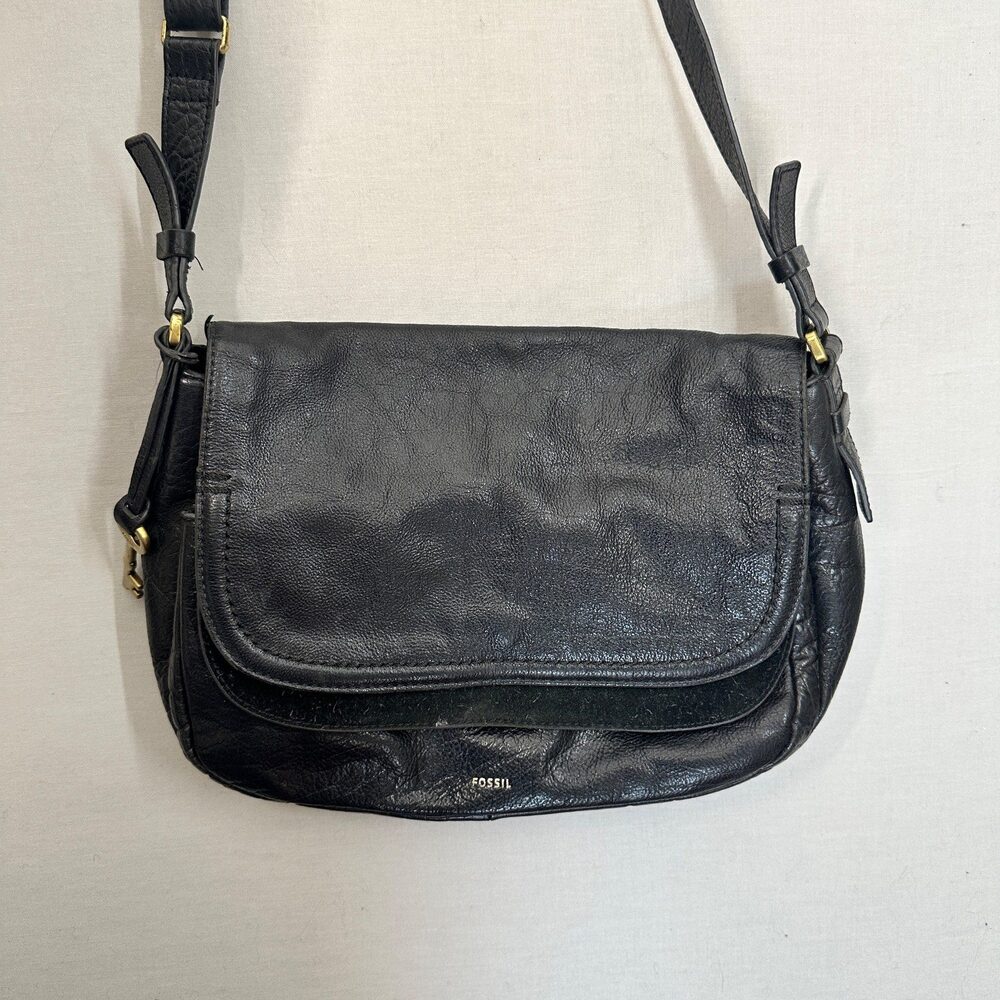 Quiet Luxury Fossil Black Leather Crossbody Bag Gold Hardware